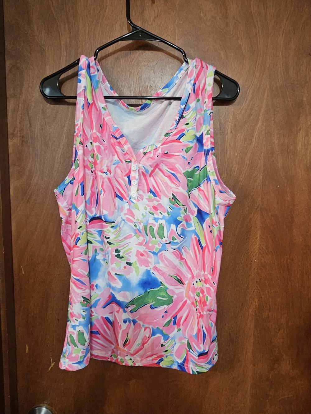 Pink Floral Sleeveless Henley Tank Top